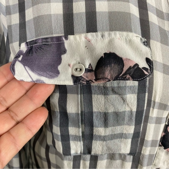 Paige Silk button down floral and plaid mix print blouse - Picture 4 of 9